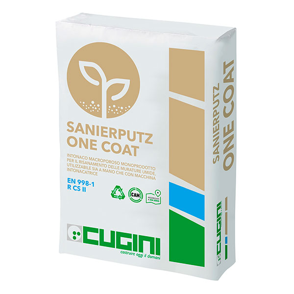 Intonaco macroporoso monoprodotto per il risanamento delle murature umide, a base di legante idraulico ad attività pozzolanica, calce idrata, inerte minerale leggero, fibrorinforzato<br>Utilizzabile sia a mano che con macchina intonacatrice